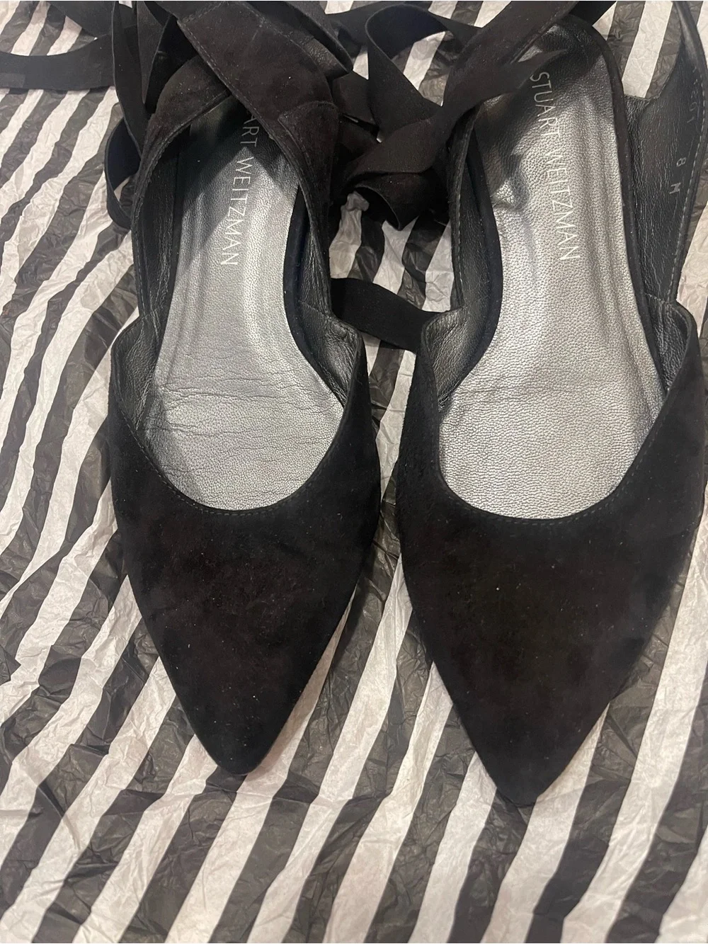 Stuart Weitzman Black Suede Pointed Tie-Back Flats with Ankle Ribbons - Picture 10 of 10